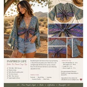 Inspired Life Silk Blend Boho Tie Front Top Kimono Crop Floral Bell Sleeve